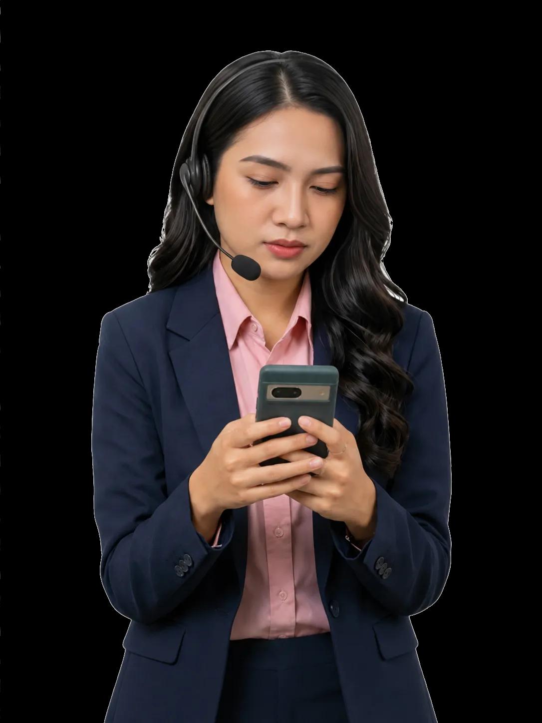 Agen ber-headset membalas pesan pelanggan dari ponsel di tangannya