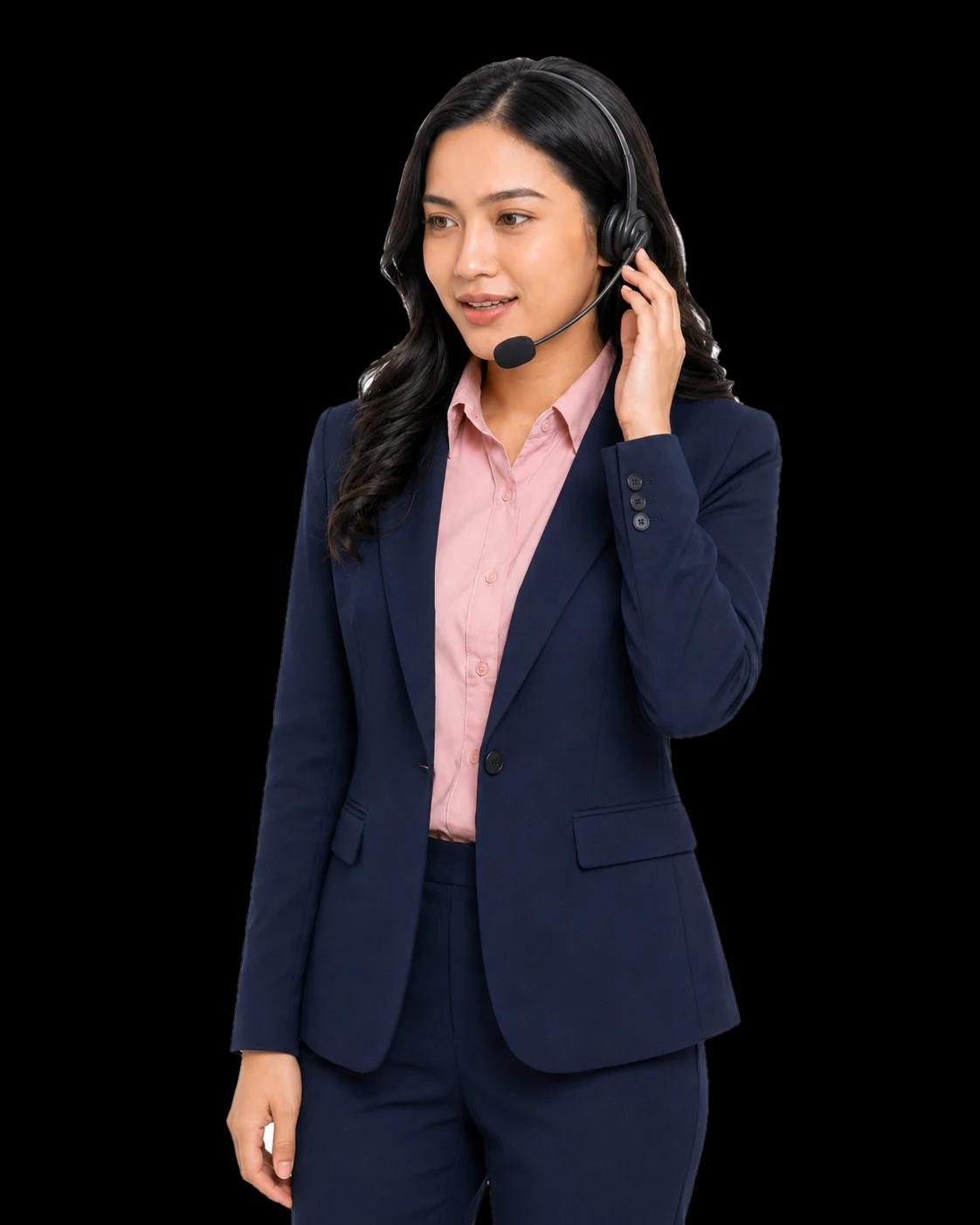 Agen contact center menahan headset di telinga sambil menyimak pelanggan