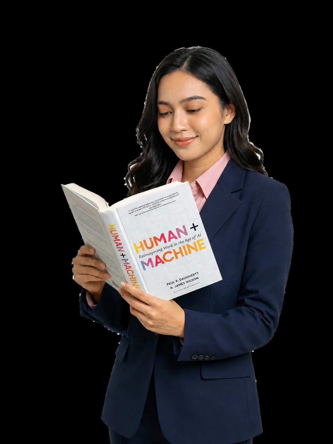 Agen tersenyum membaca buku "Human + Machine" di tangannya